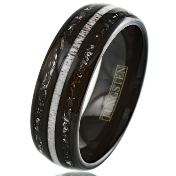 COOL POLISHED BLACK LOW DOME TUNGSTEN RING WITH WHITE SPECKLED ANTLER, BLACK - Picture 1 of 4
